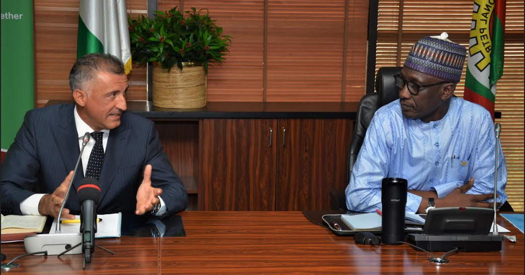 Executive Vice Chairman, Sub-Saharan African Region and Chairman ENI Exploration and Production in Nigeria, Mr. Brusco Guido, briefing the NNPC GMD, Mallam Mele Kyari, on some of the challenges being faced by the NNPC/NAOC Joint Venture operations during a visit to the NNPC Towers yesterday.