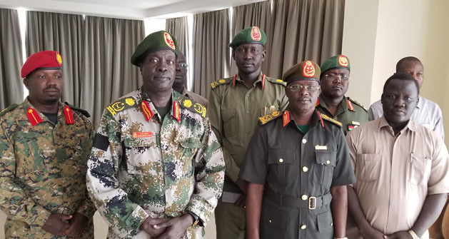 South Sudan Chief of Defense Forces, Gen. Jok Riak (r) and SPLA-IO Deputy Chief of Staffs for Administration and Logistic Gen. James Koang Chuol (l), in Juba