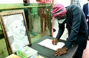 Lagos State Governor, Mr Babajide Sanwo-Olu signing the condolence register of Mr Yinka Odumakin at his Omole residence in Lagos, on Thursday, April 15, 2021.