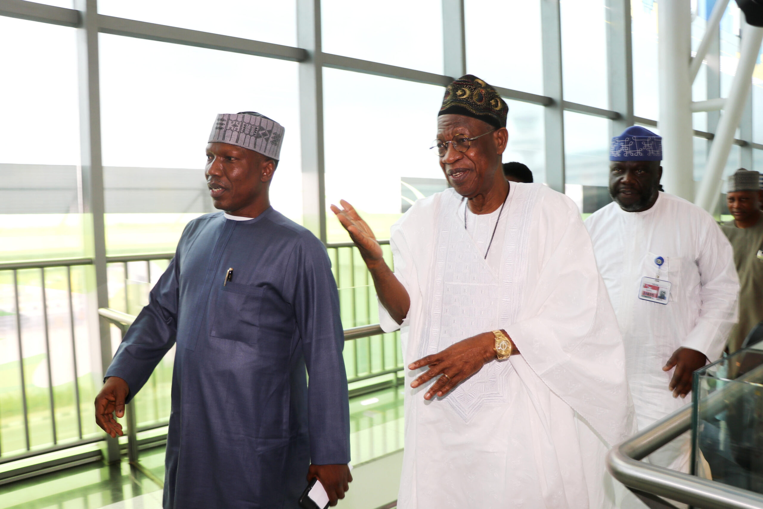 L-R: Managing Director of the Federal Airports Authority of Nigeria, Captain Rabiu Yadudu; Minister of Information and Culture, Alhaji Lai Mohammed and the Director General of the Nigeria Civil Aviation Authority, Captain Musa Nuhu, during a media tour of the newly-completed Terminal 2 at the Murtala Muhammed International Airport, Lagos, on Monday